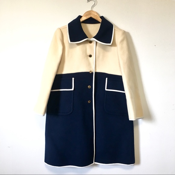 Vintage Jackets & Blazers - Vintage Wool Swing Coat Leather Trim Navy Cream L